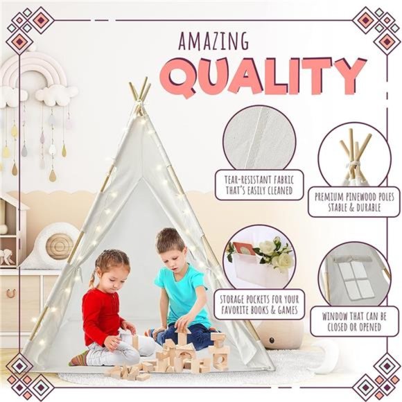 Teepee Tent for Kids:  Fairytale Tipi Playroom, LED Star Lights, 59 by 45 " - Picture 6 of 6